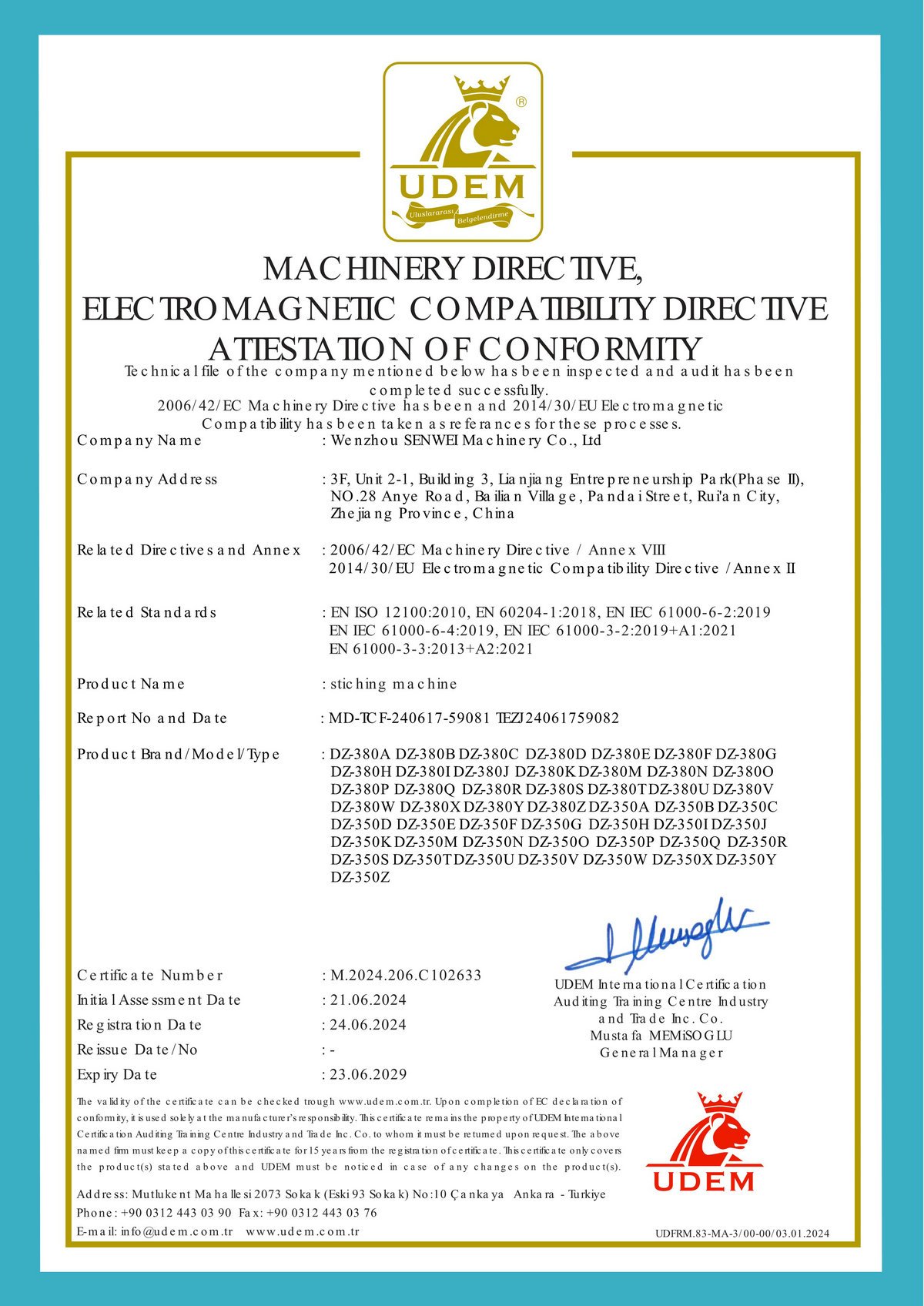 UDEM attestation of conformity for stitching machines